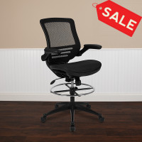 Flash Furniture BL-LB-8801X-D-BLK-GG Mid-Back Transparent Black Mesh Drafting Chair with Black Frame and Flip-Up Arms